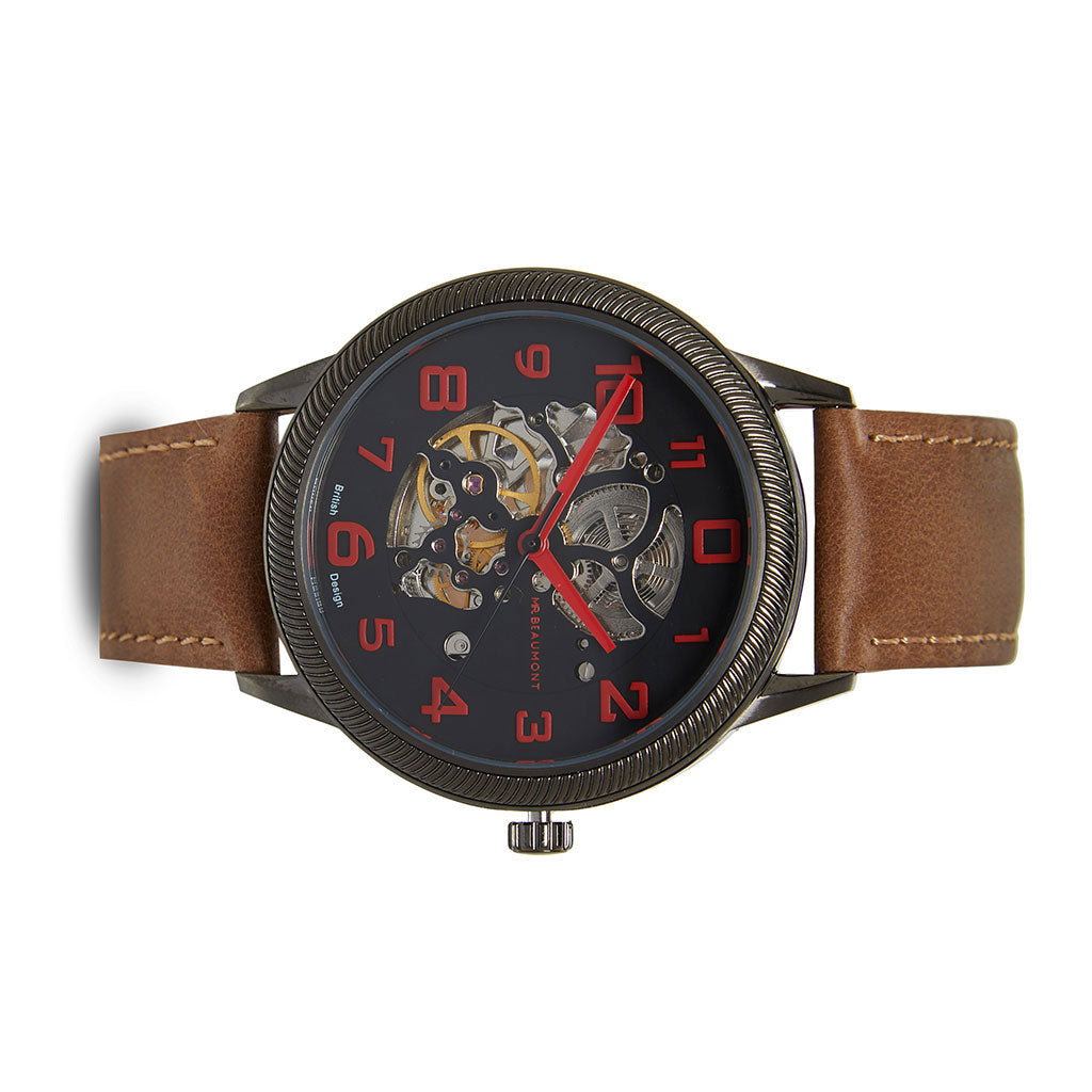 Mr Beaumont Automatic Skeleton Watch Gun Case/Brown Strap