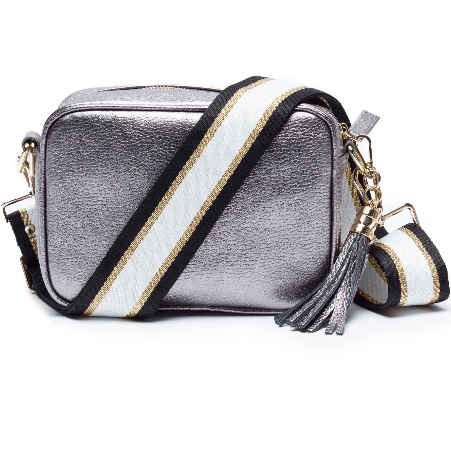 CROSSBODY METALLISCHES ZINN (SCHWARZ/WEISS/GOLD RIEMEN)