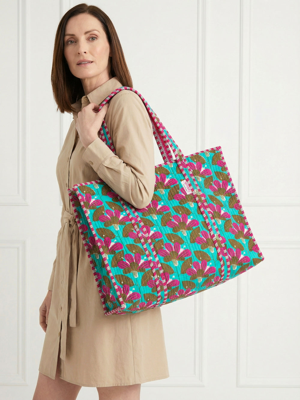 Serendipity Cotton Quilted Tote - Turquoise Blossom