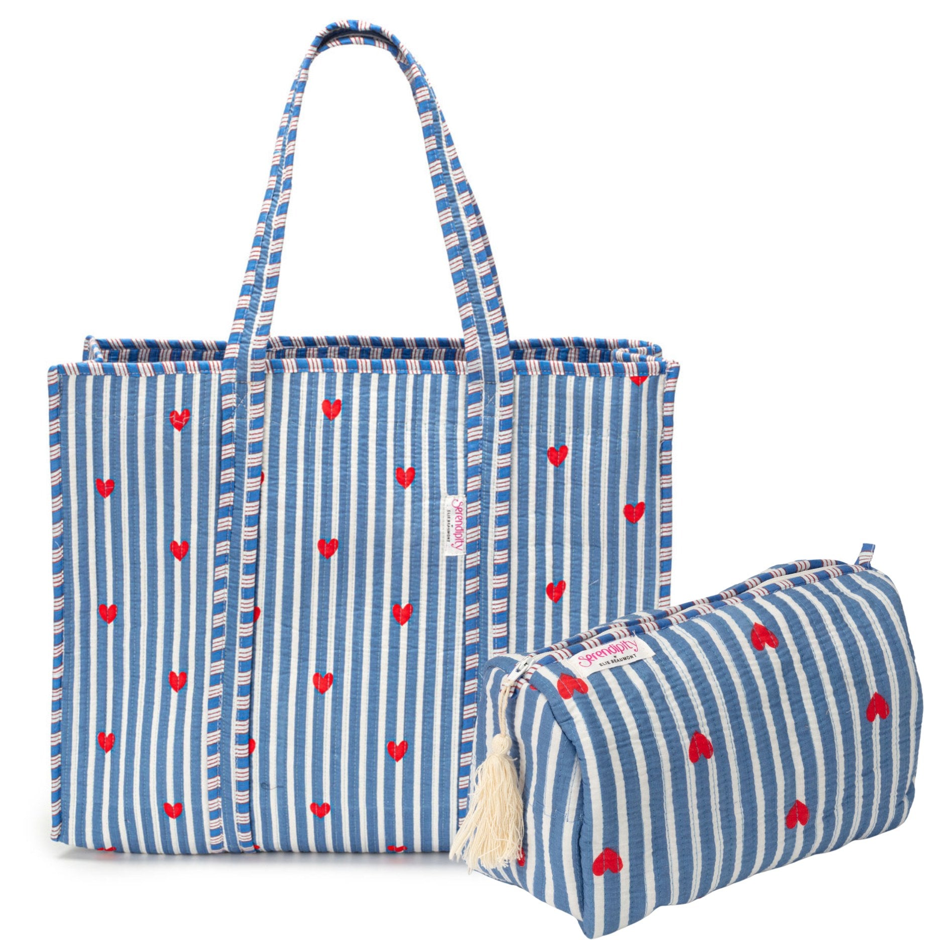 Serendipity Cotton Tote & Cosmetic Bag Set - Blue Stripe Red Heart
