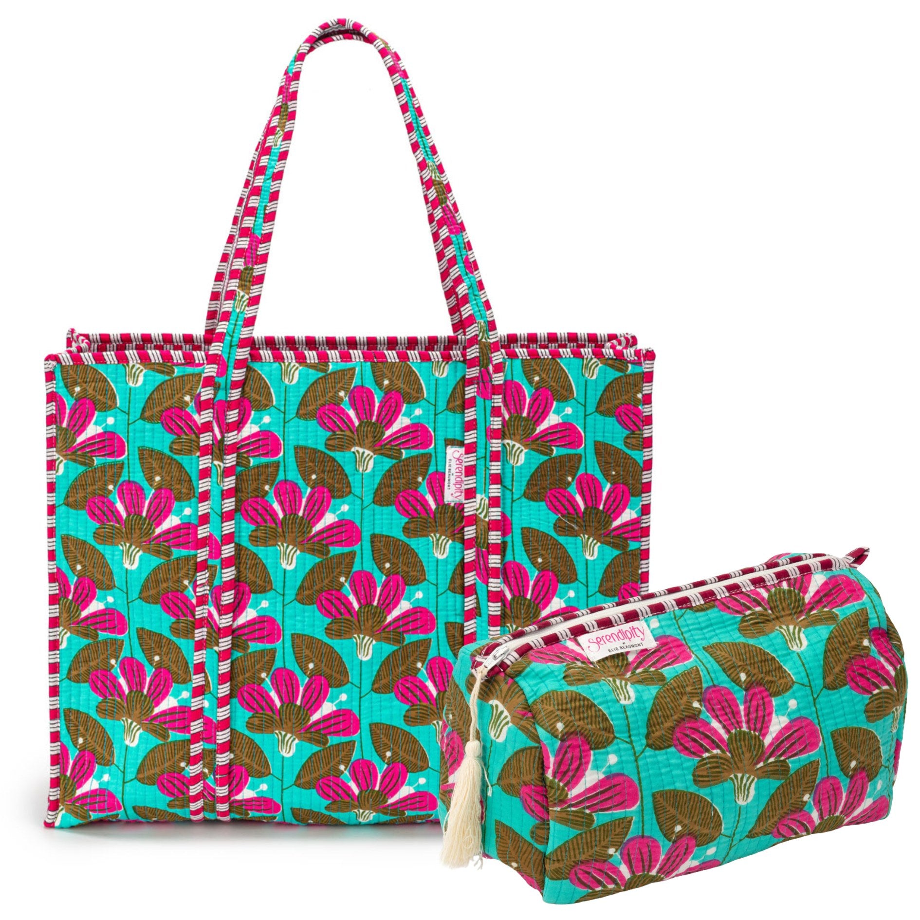 Serendipity Cotton Tote & Cosmetic Bag Set - Turquoise Blossoms