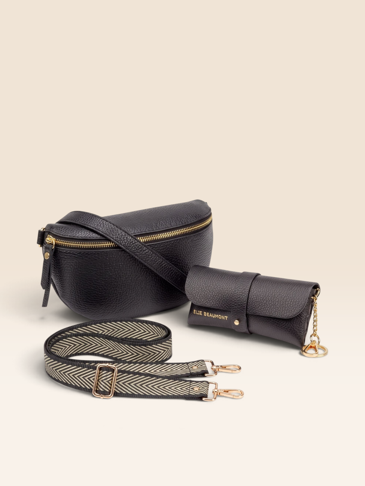 Sling Bag Black Combo-Bag, Glasses Case & Gold Chevron strap