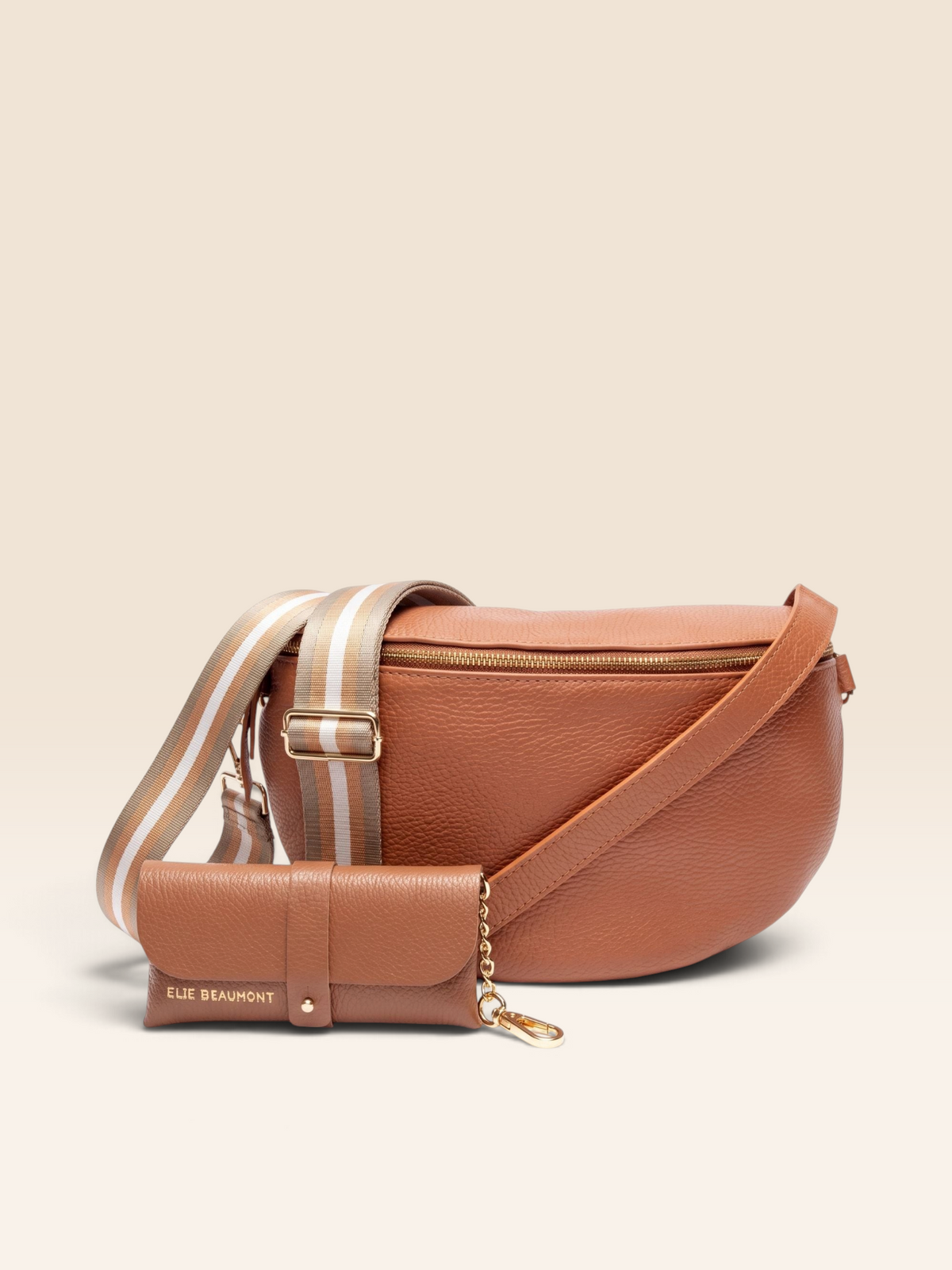 Sling Bag Tan Combo-Bag, Glasses Case & Champagne Stripes strap