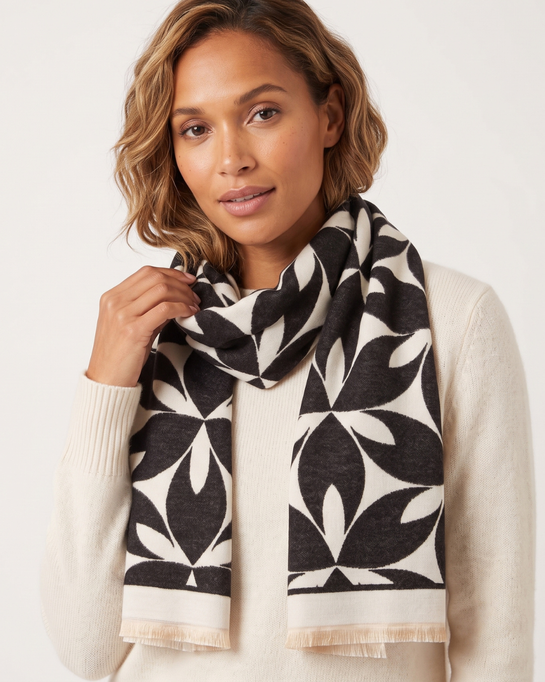 Winter Scarf - Black Ivory Abstract Petals