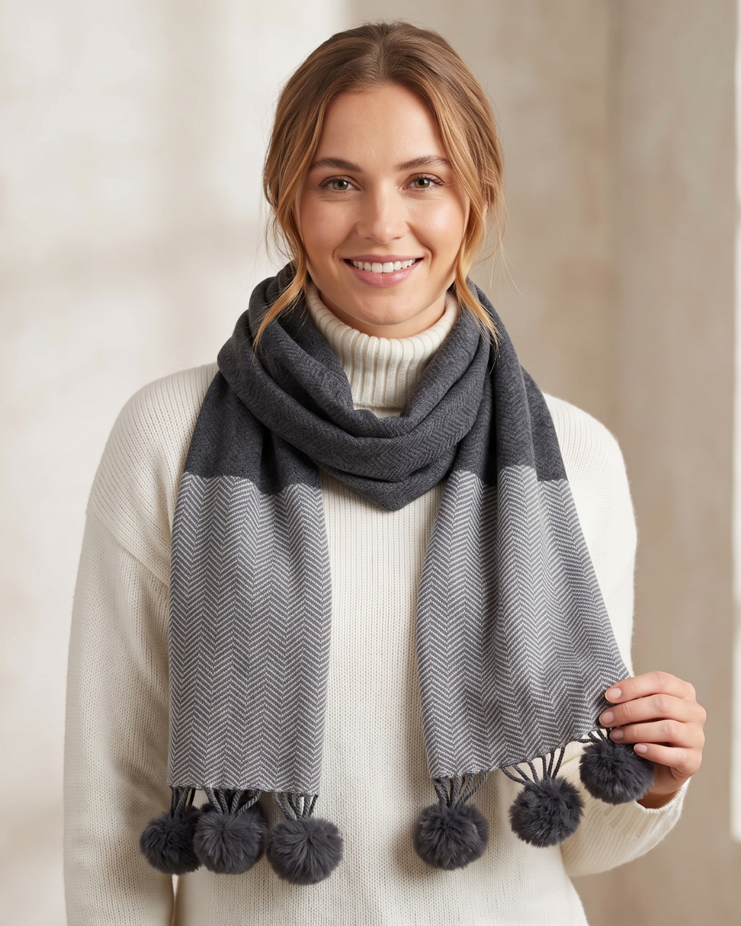 Winter Scarf - Grey Chevron Pompoms