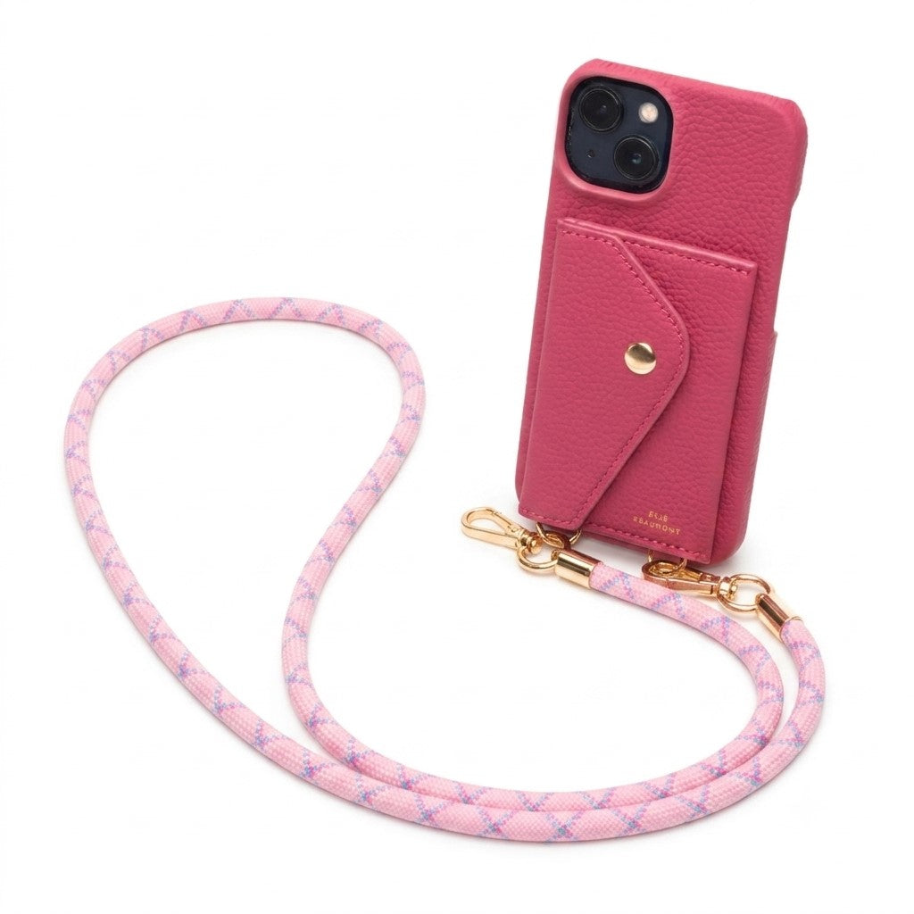 Genuine Leather iPhone Case - Azalea - Pink Rope Lanyard