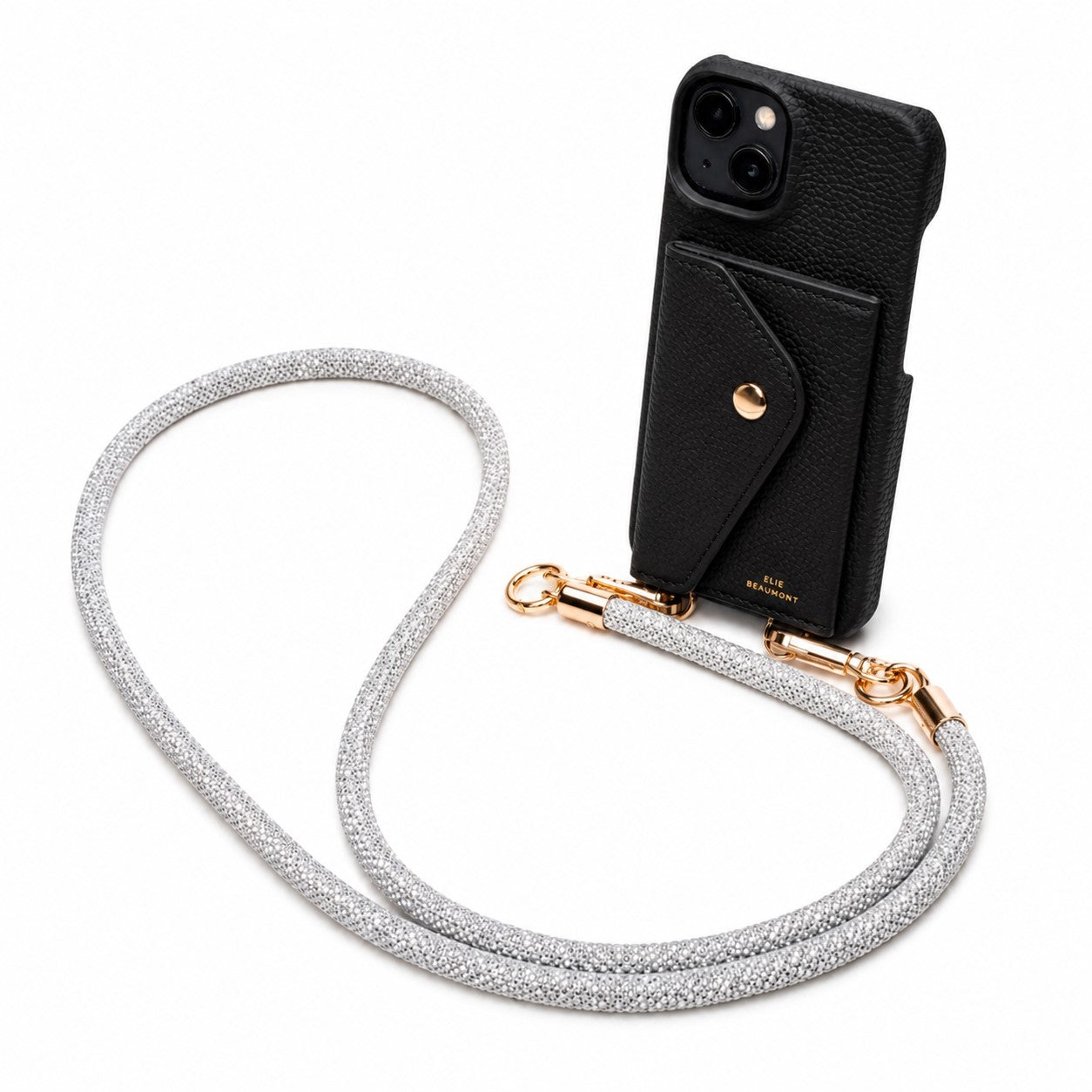 Genuine Leather iPhone Case - Black - Distressed Grey Lanyard