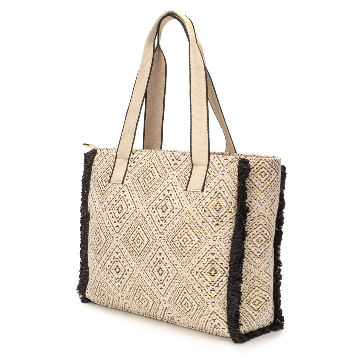 Summer Tote - Fringe Black Diamond Jacquard weave