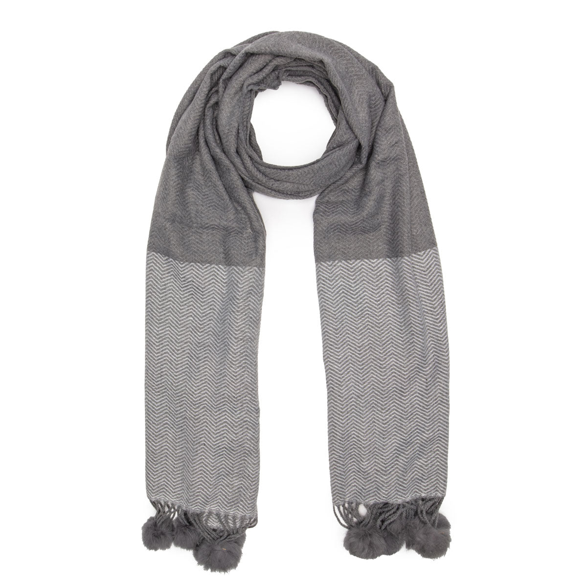 Winter Scarf - Grey Chevron Pompoms