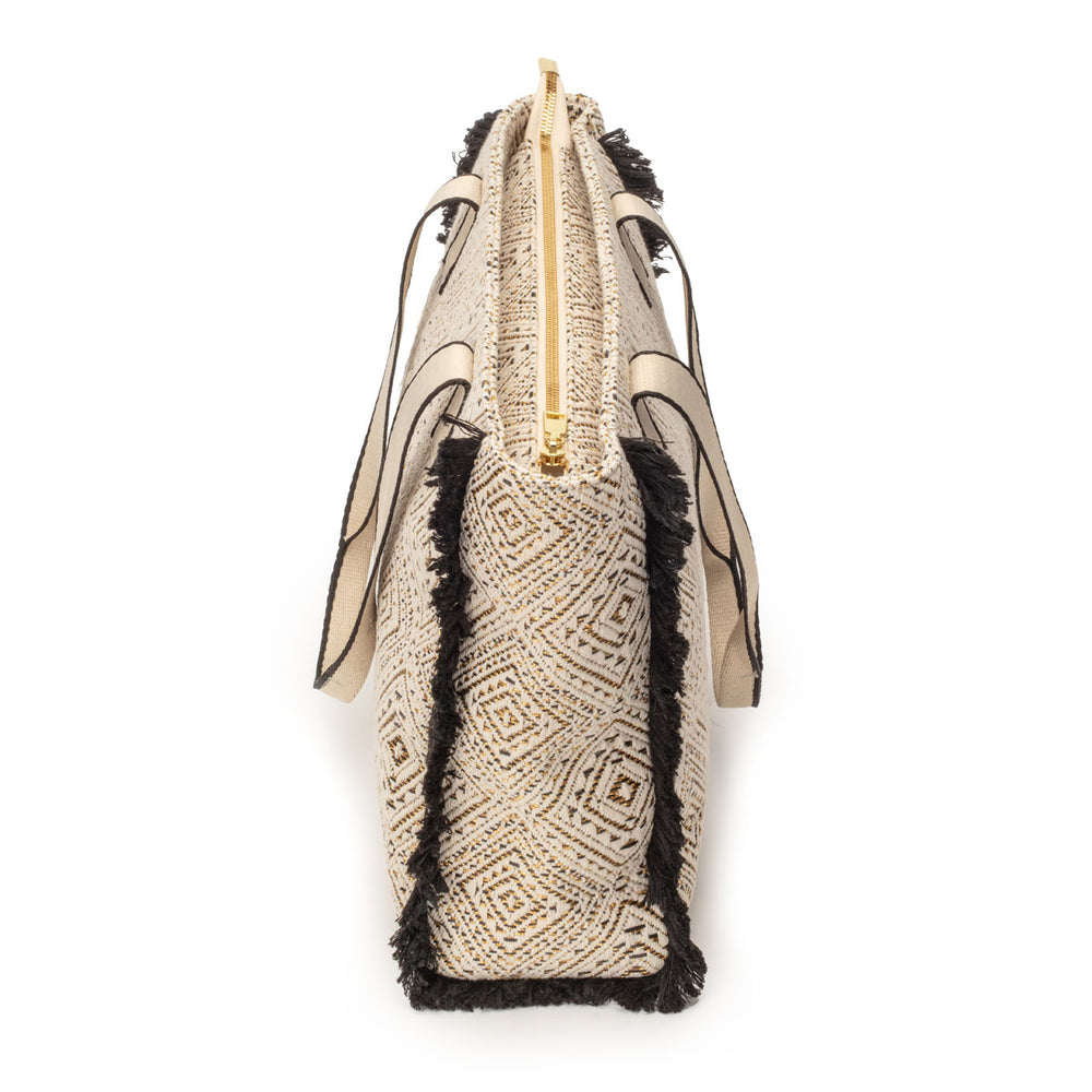 Summer Tote - Fringe Black Diamond Jacquard weave