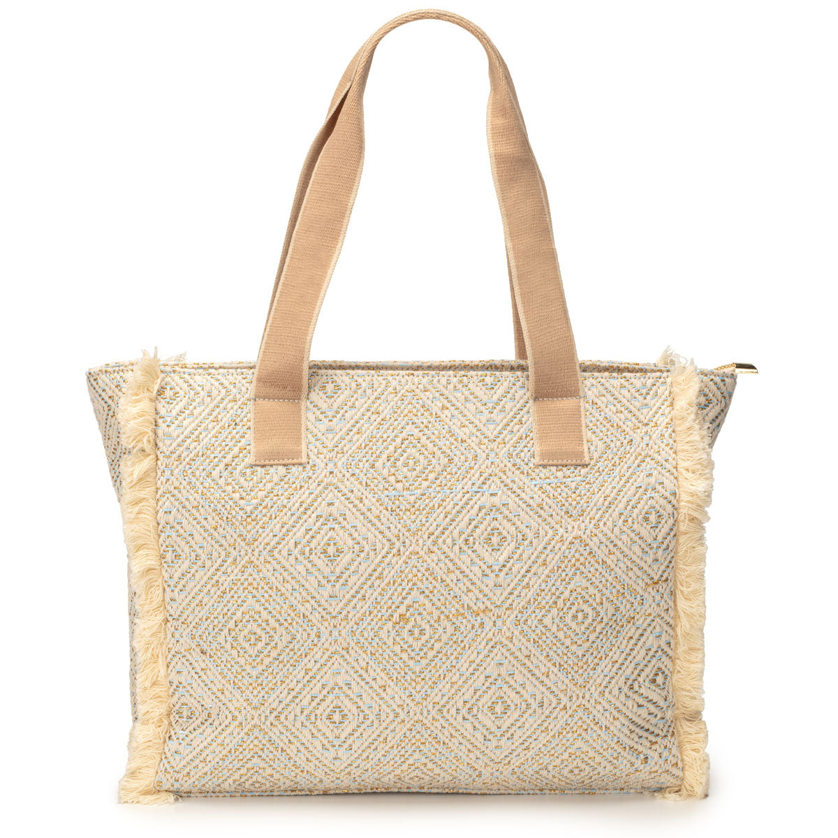 Summer Tote - Fringe Powder Blue Diamond Jacquard weave