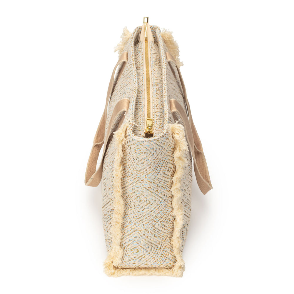 Summer Tote - Fringe Powder Blue Diamond Jacquard weave