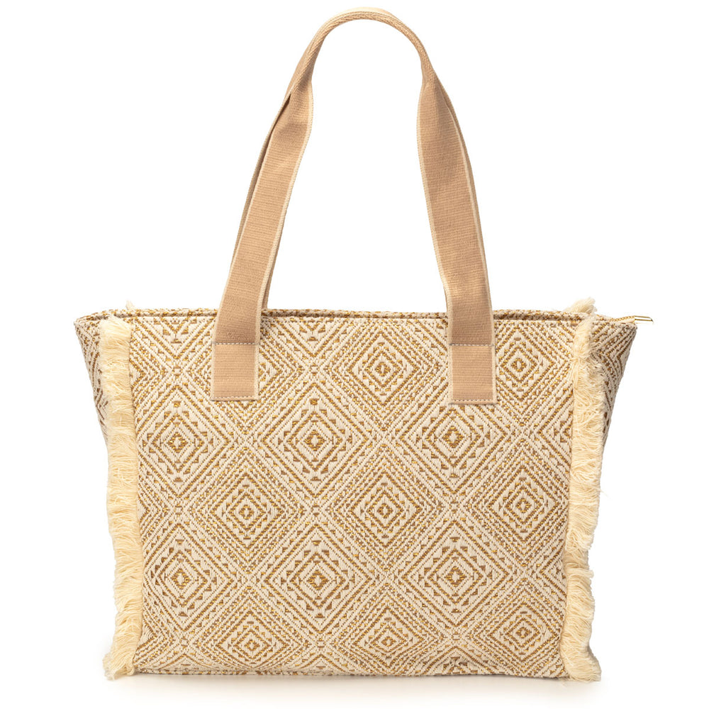 Summer Tote - Fringe Gold Diamond Jacquard weave