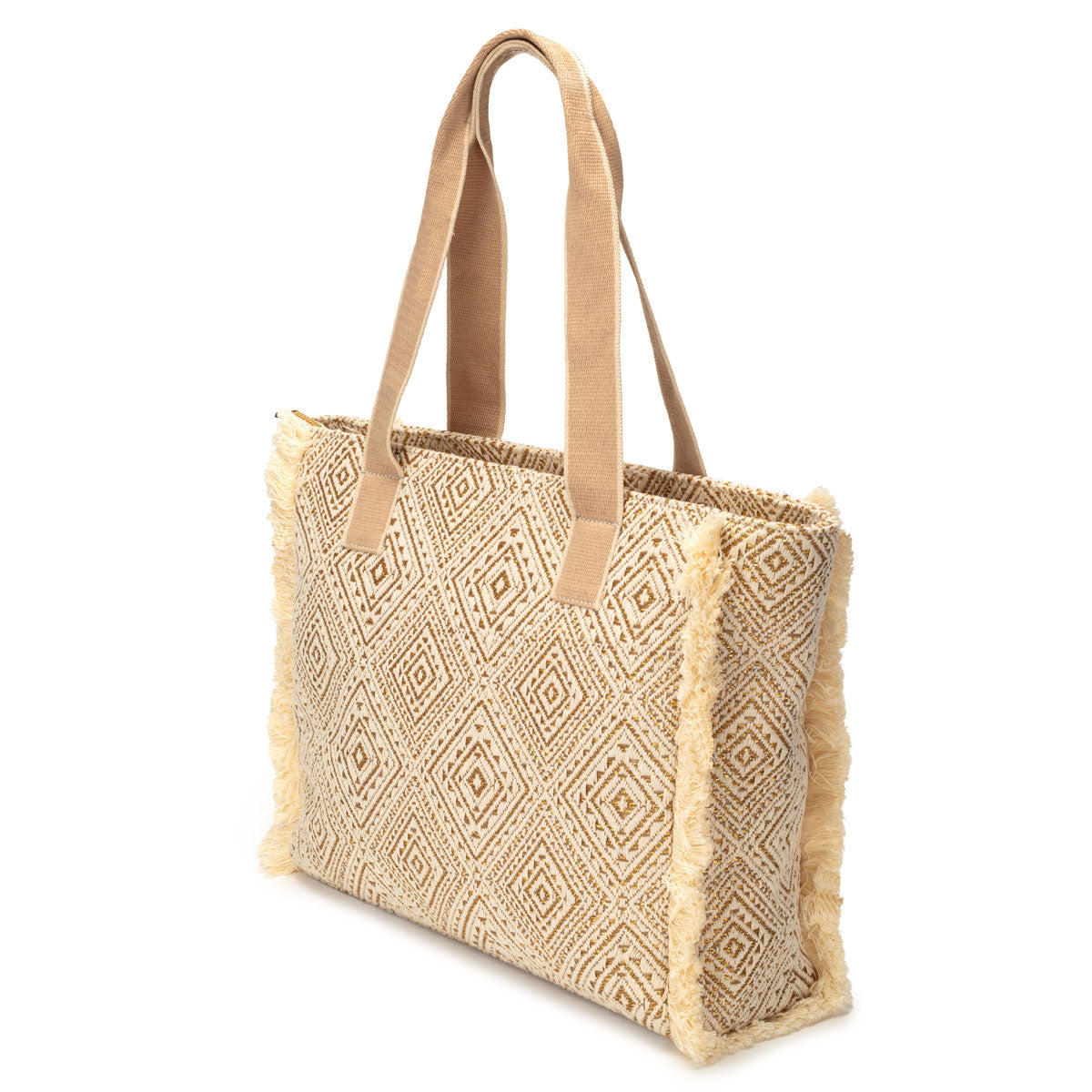 Summer Tote - Fringe Gold Diamond Jacquard weave