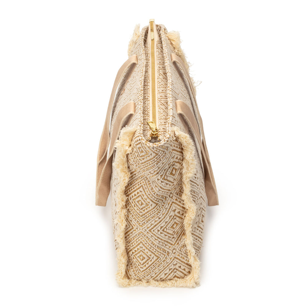 Summer Tote - Fringe Gold Diamond Jacquard weave