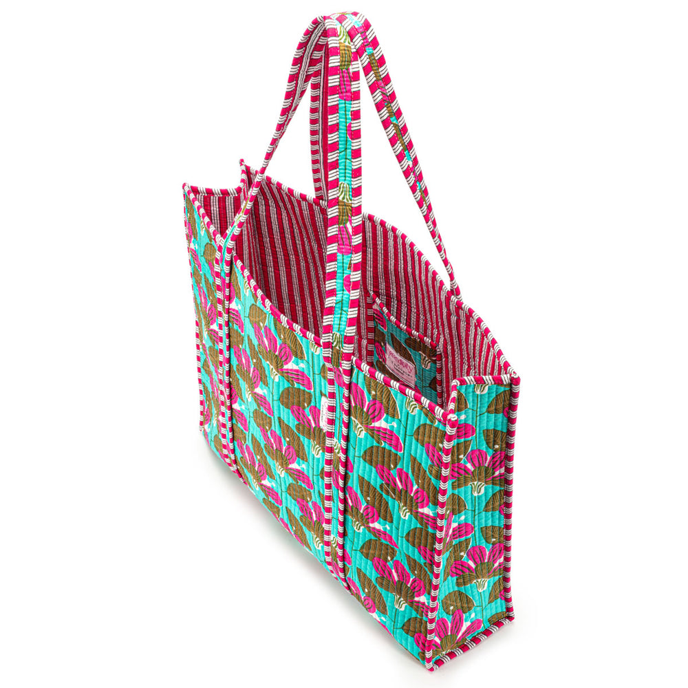 Serendipity Cotton Quilted Tote - Turquoise Blossom
