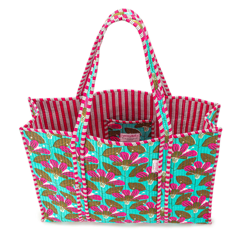 Serendipity Cotton Quilted Tote - Turquoise Blossom