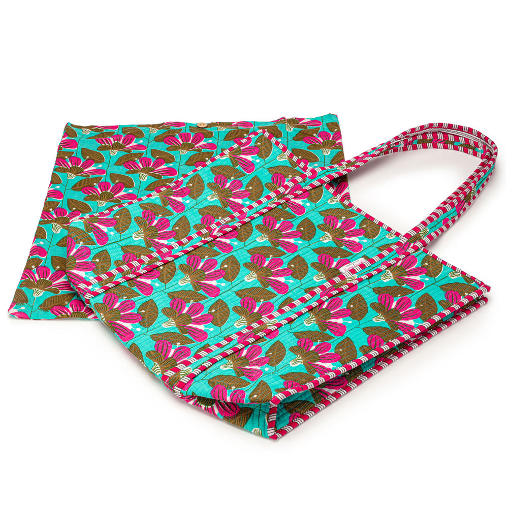 Serendipity Cotton Quilted Tote - Turquoise Blossom