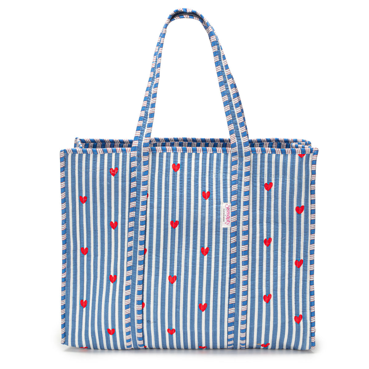 Serendipity Cotton Quilted Tote - Blue Stripe Red Heart