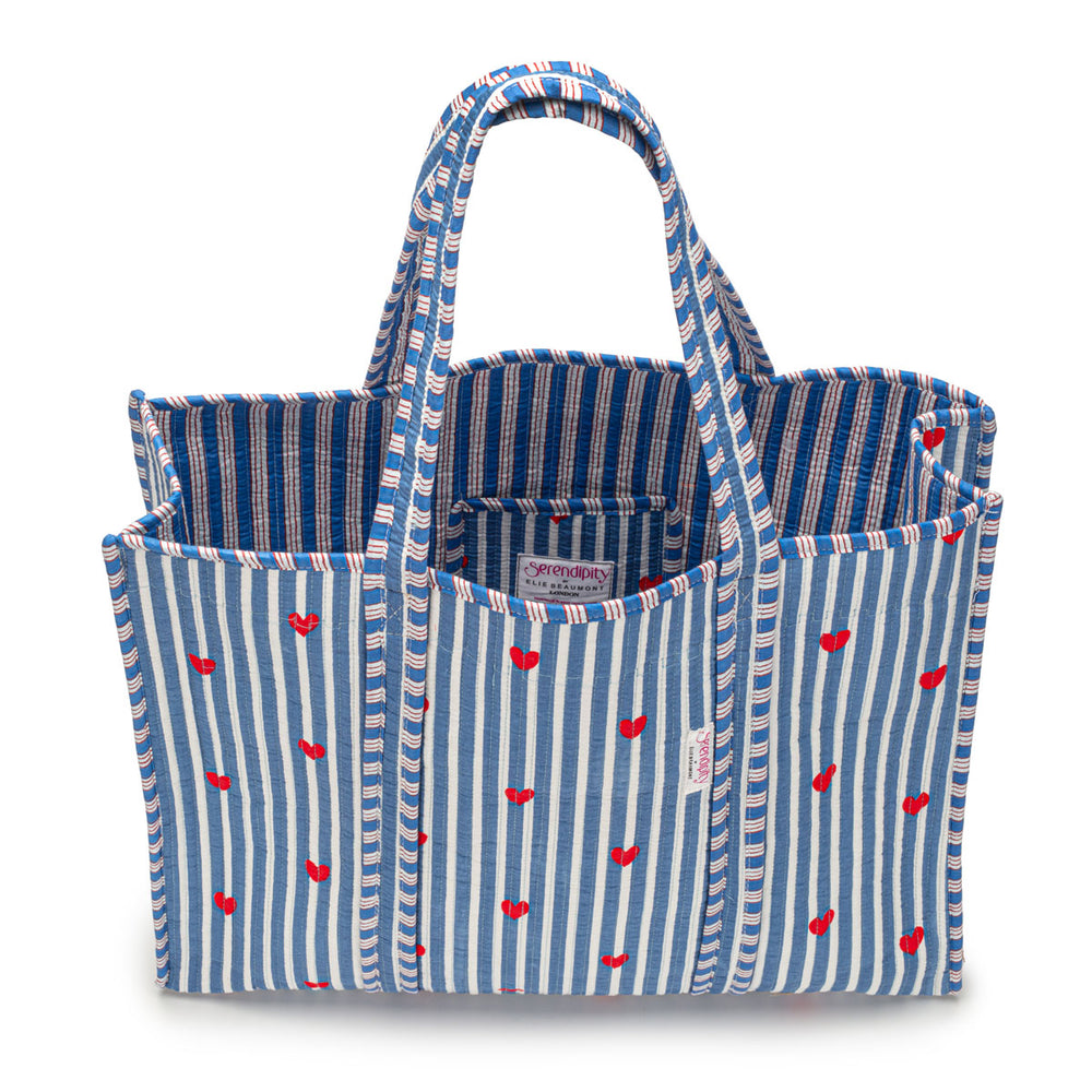 Serendipity Cotton Quilted Tote - Blue Stripe Red Heart