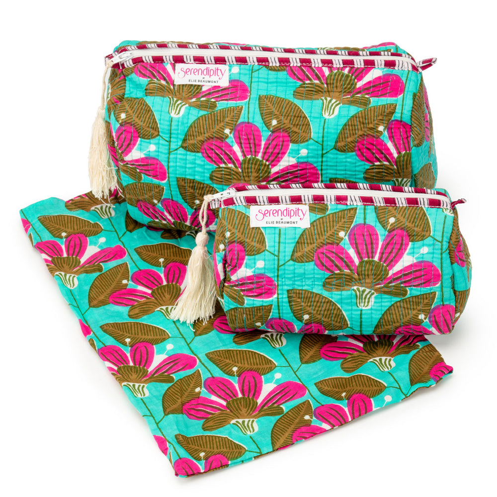 Serendipity Cotton Cosmetic Bag Set - Turquoise Blossom