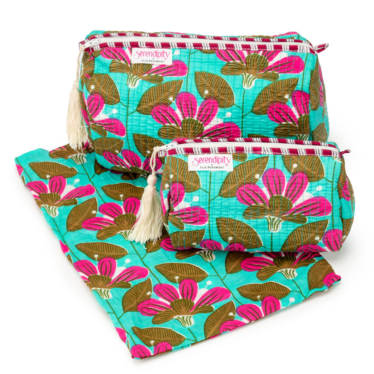 Serendipity Cotton Cosmetic Bag Set - Turquoise Blossom
