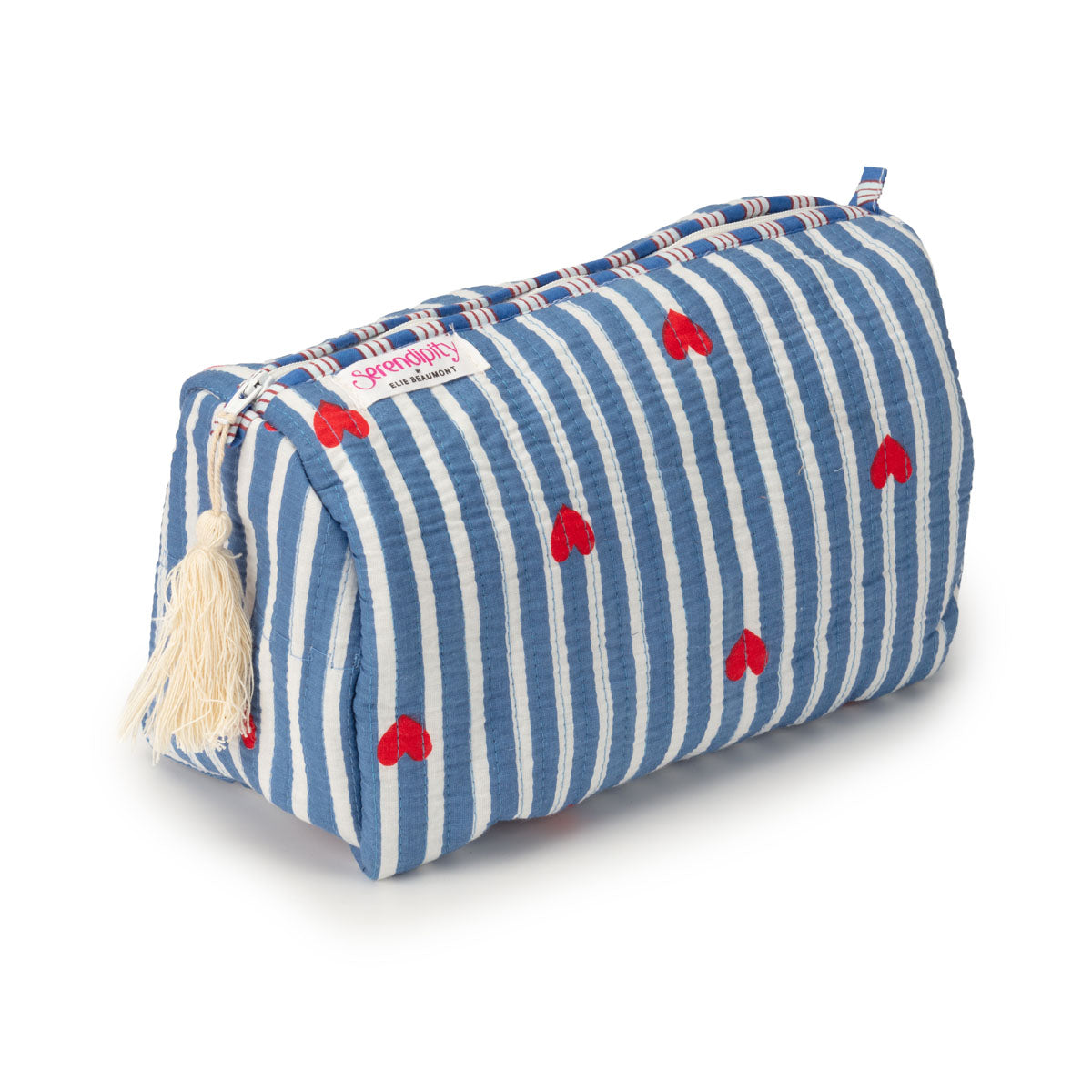 Serendipity Cotton Cosmetic Bag Set - Blue Stripe Red Heart
