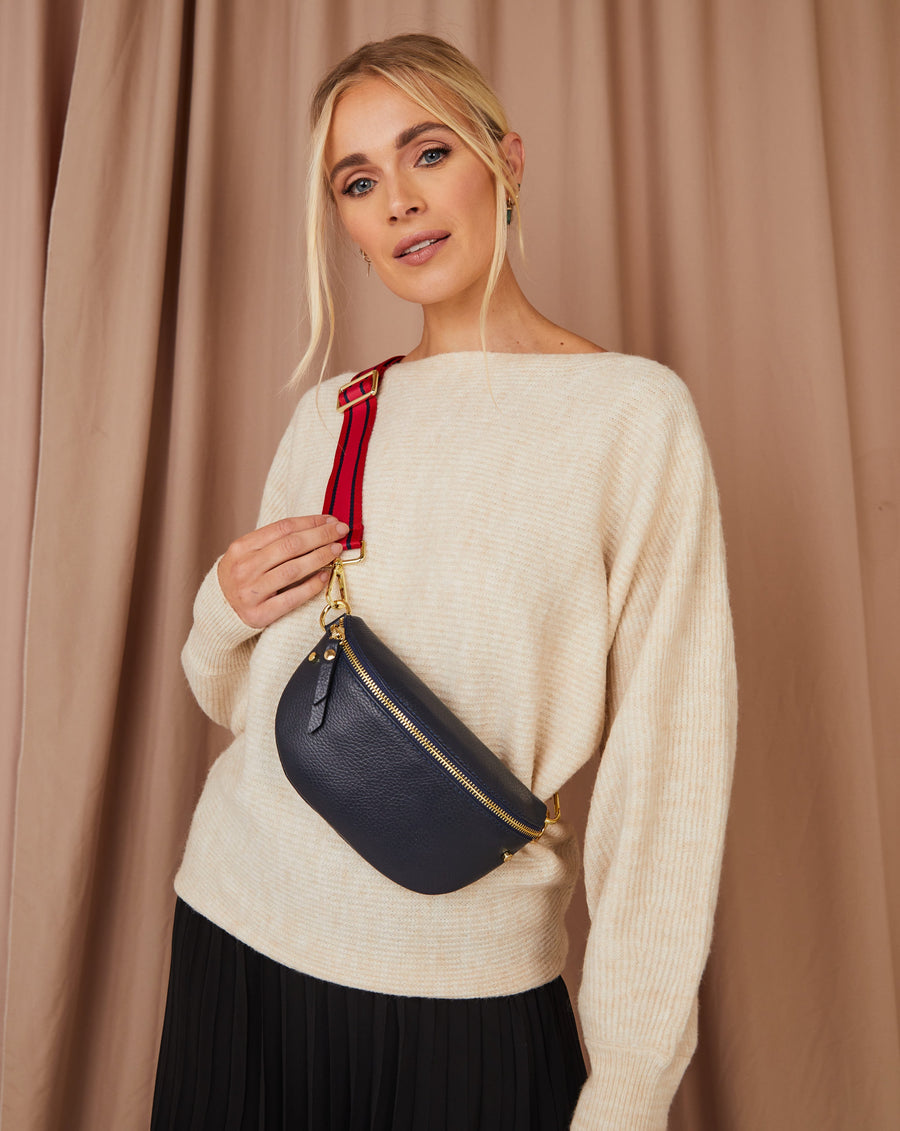 Sling Bag - Navy with Fuchsia Red Stripe Strap