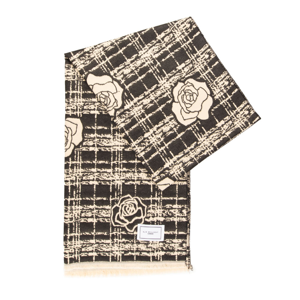 Winter Scarf - Black + Ivory Roses on Checks