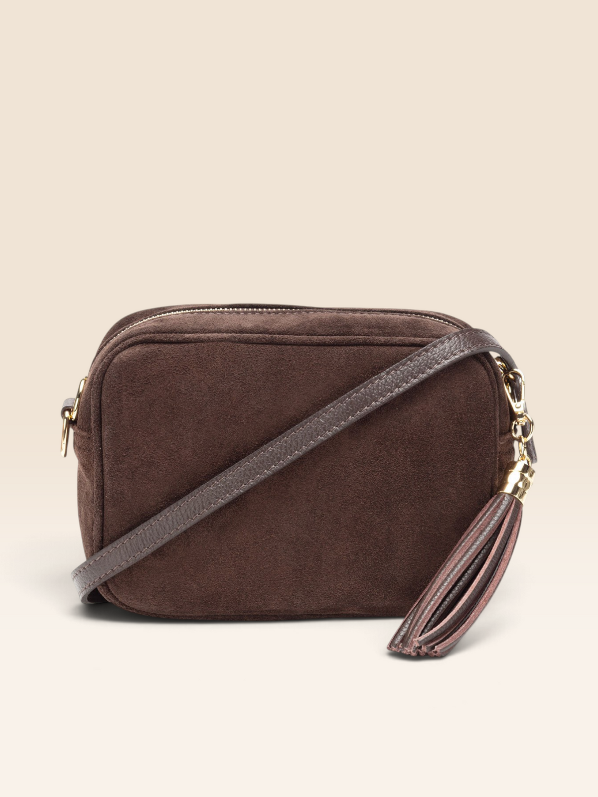 Crossbody Tassel Suede Chocolate Combo-Bag, Gold Card holder & Glasses Case