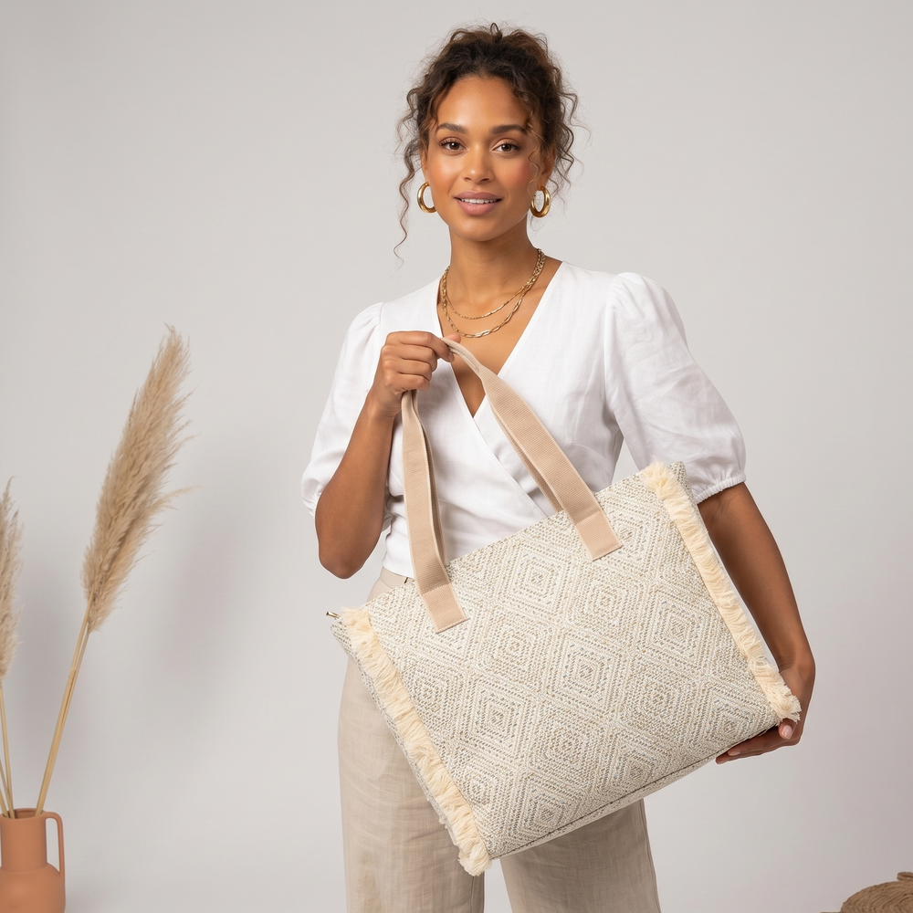 Summer Tote - Fringe Powder Blue Diamond Jacquard weave