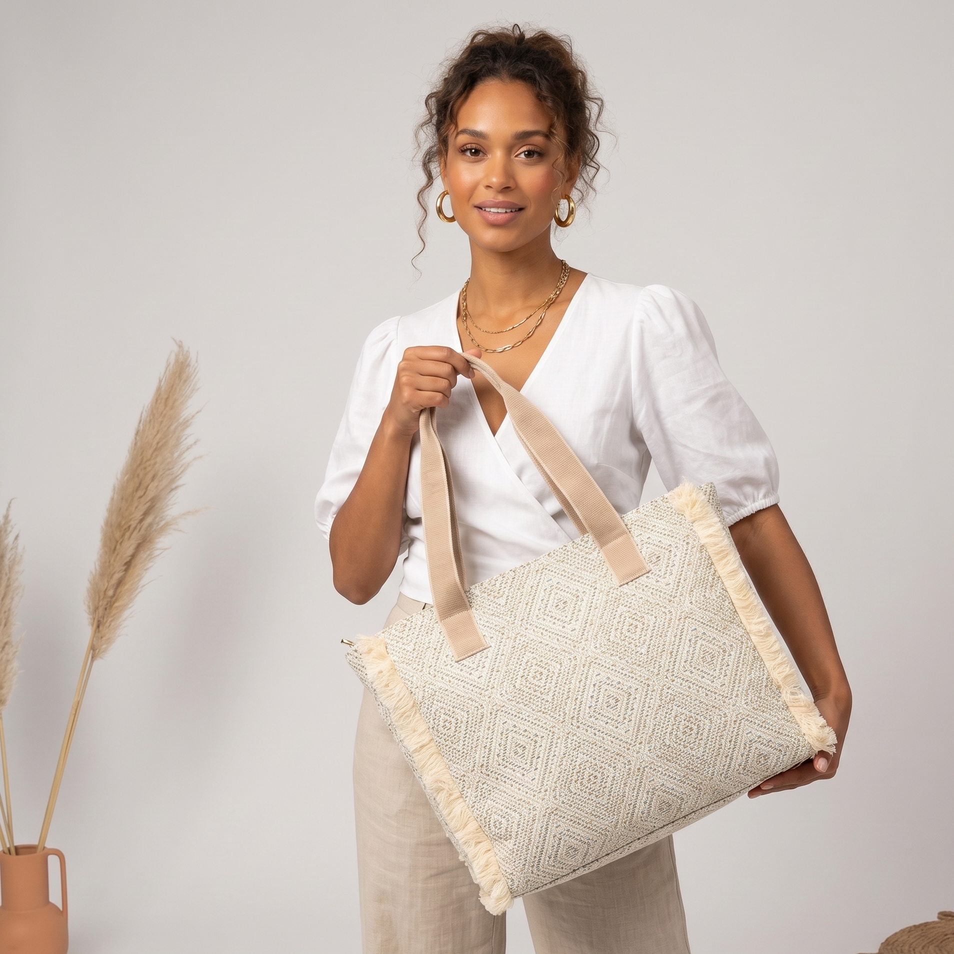 Summer Tote - Fringe Powder Blue Diamond Jacquard weave