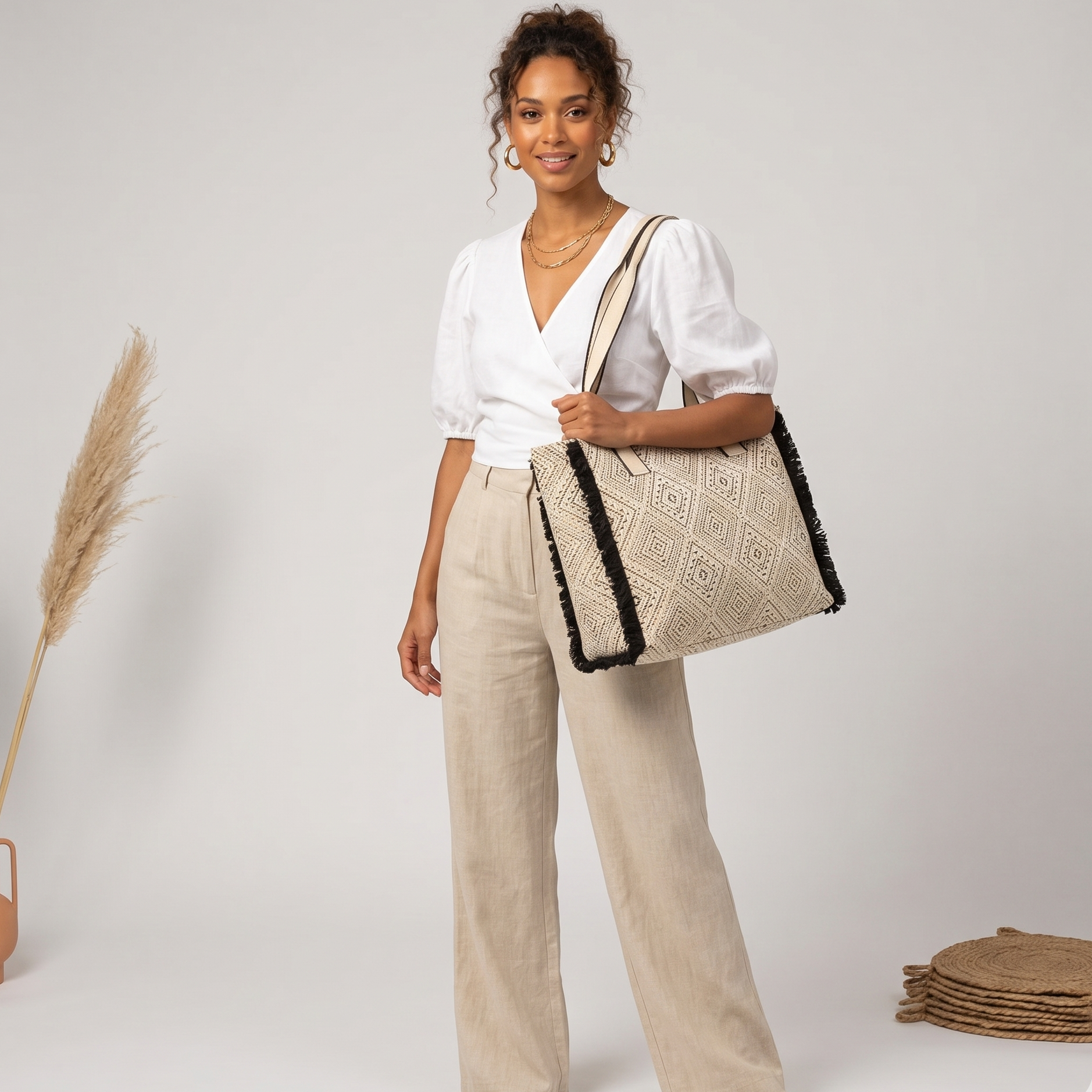 Summer Tote - Fringe Black Diamond Jacquard weave