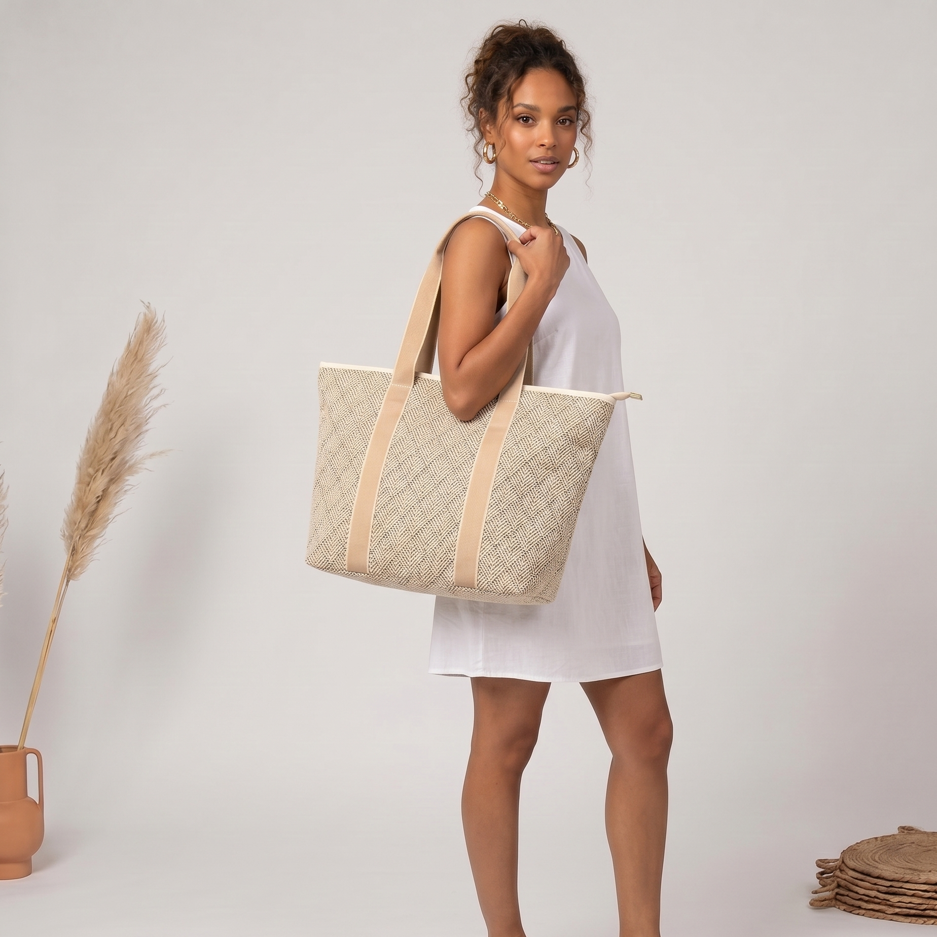 Summer Tote - Black Geometric basket weave