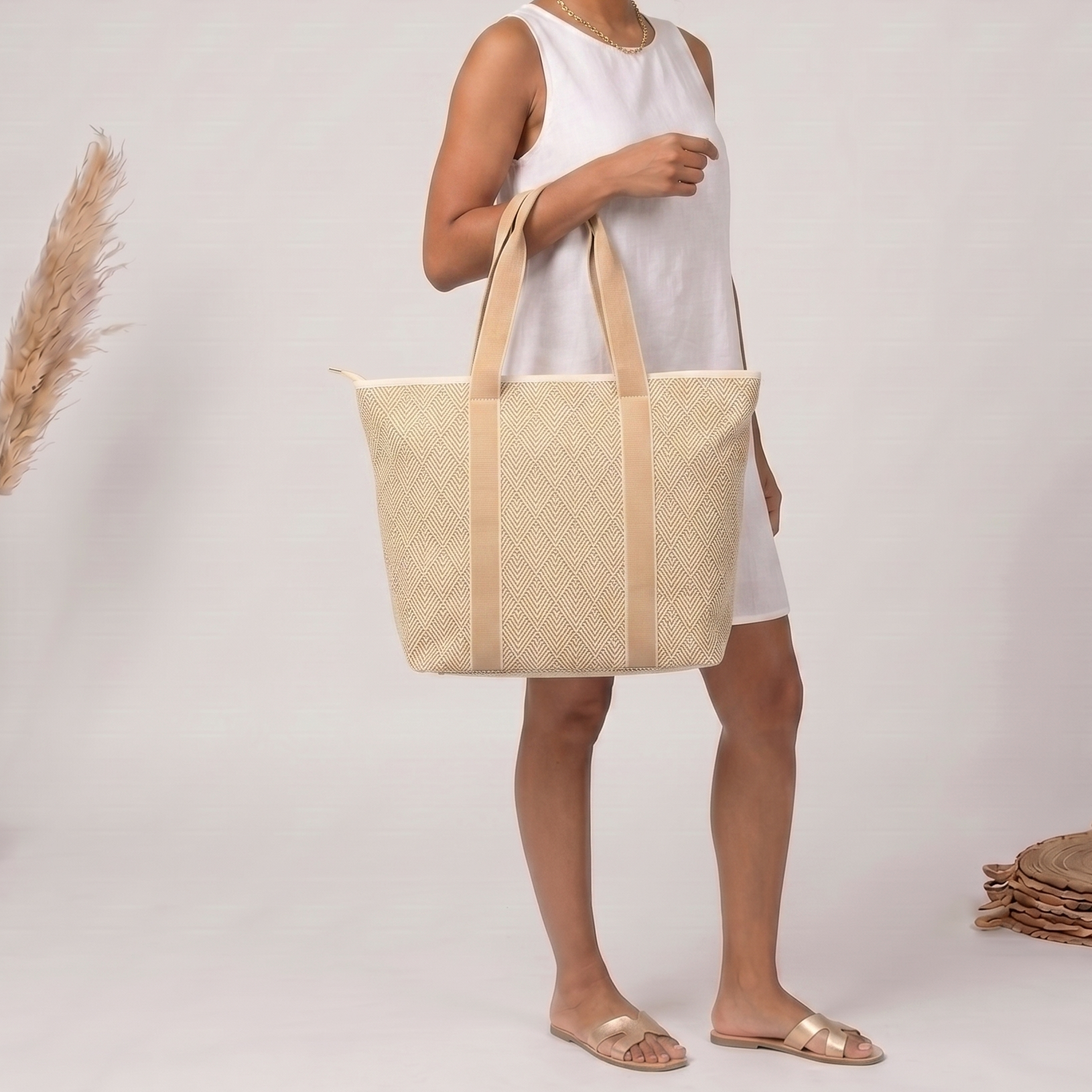 Summer Tote - Gold Geometric basket weave