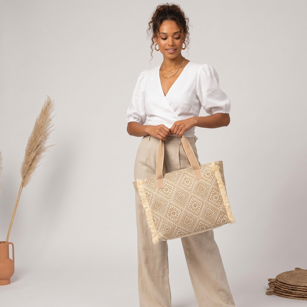 Summer Tote - Fringe Gold Diamond Jacquard weave