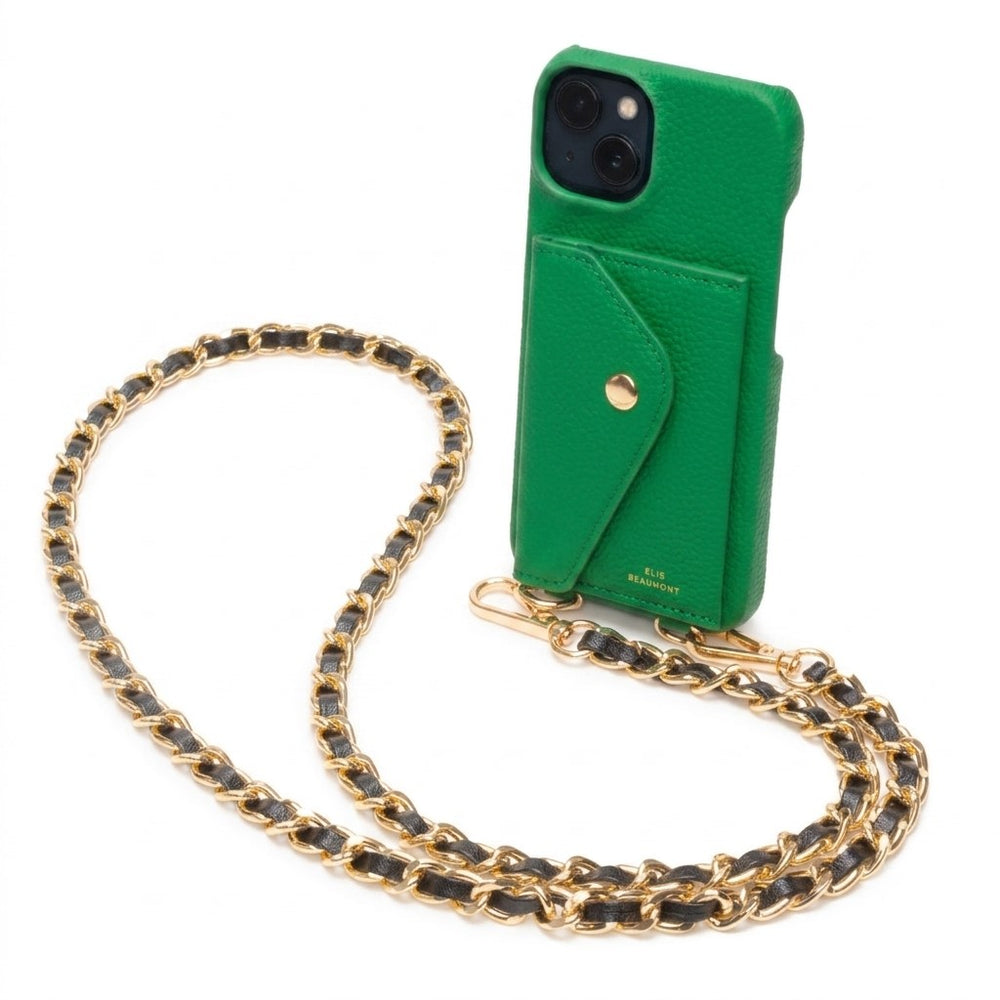 Genuine Leather iPhone Case - Jade - Black Chain Lanyard