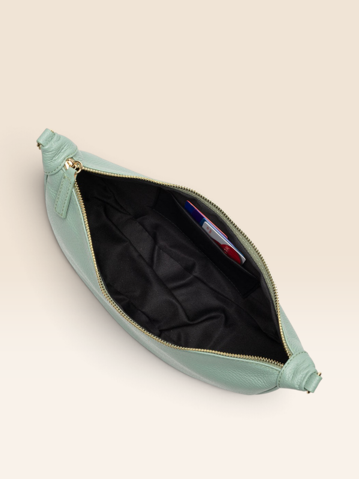 Birds Eye Image of an open Mint Green Leather Hobo bag for Women by Elie Beaumont
