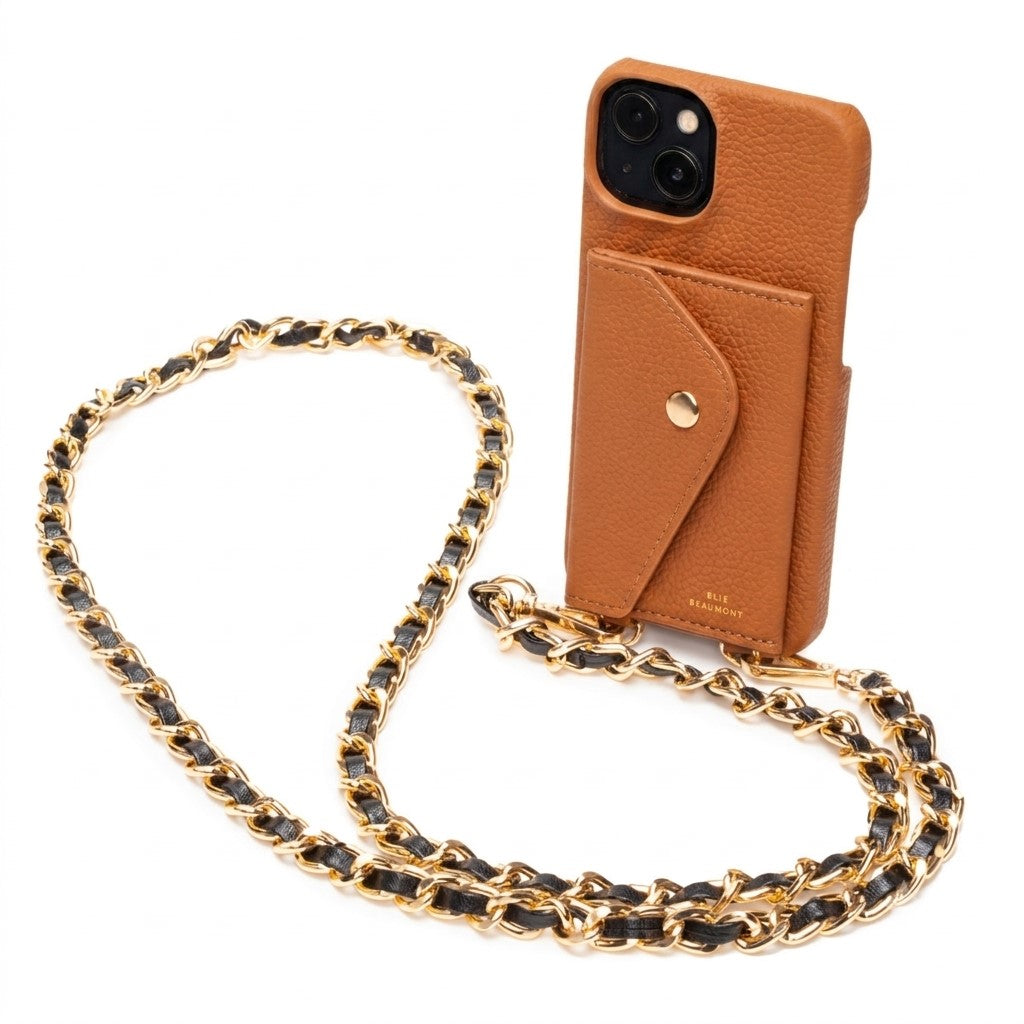 Genuine Leather iPhone Case - Tan - Black Chain Lanyard