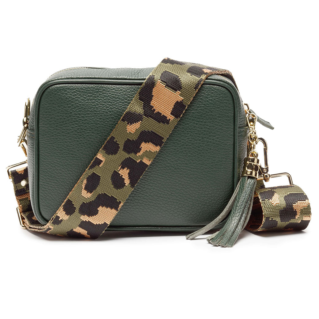 Black Leather Crossbody Bag With Olive Green Cheetah Strap