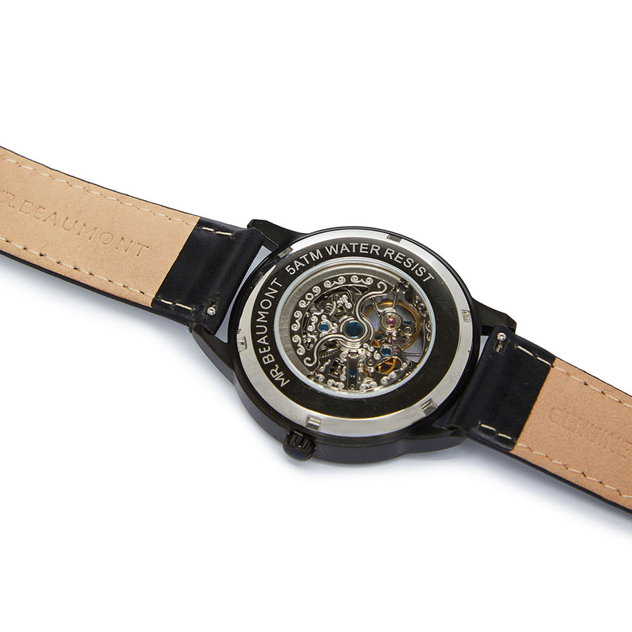 Mr Beaumont Automatic Skeleton Watch Black Case/Black Leather Strap