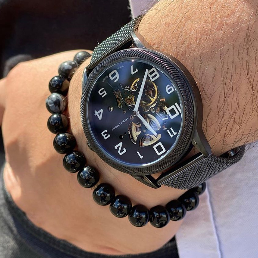 Mr Beaumont Automatic Skeleton Watch Black Case/Black Mesh Strap