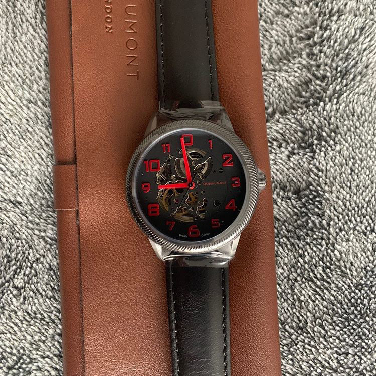 Mr Beaumont Automatic Skeleton Watch Black Case/Black Leather Strap