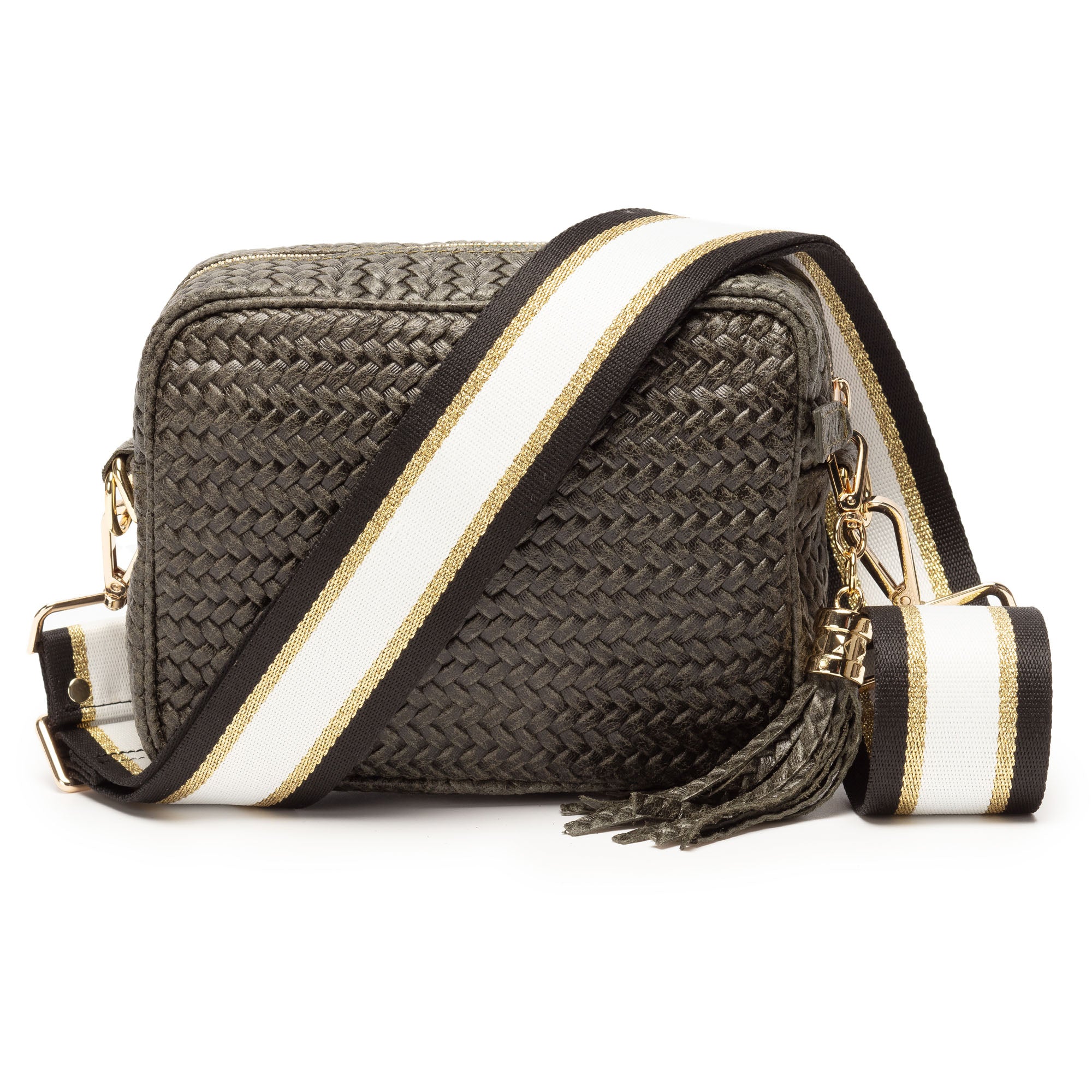 Black Leather Woven Crossbody Strap